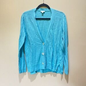 J Jill Cardigan Sweater Womens Size Med Linen Cotton Knit Button‎ Up Aqua Blue